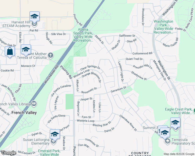 map of restaurants, bars, coffee shops, grocery stores, and more near 34914 Viscaria Court in Winchester
