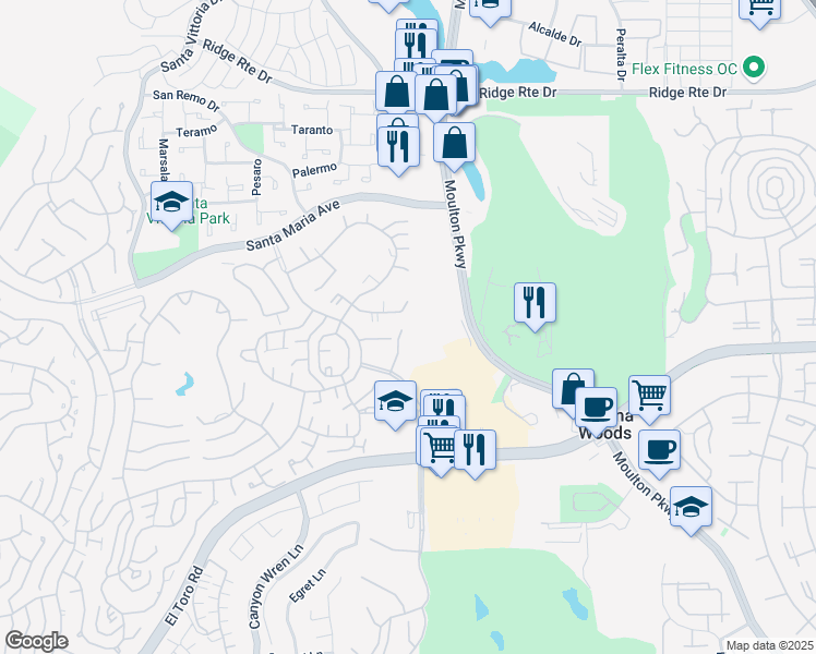 map of restaurants, bars, coffee shops, grocery stores, and more near 3032 Via Vista in Laguna Woods