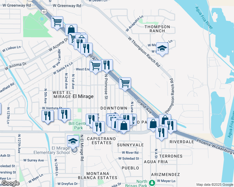 map of restaurants, bars, coffee shops, grocery stores, and more near 14301 North Poppy Street in El Mirage
