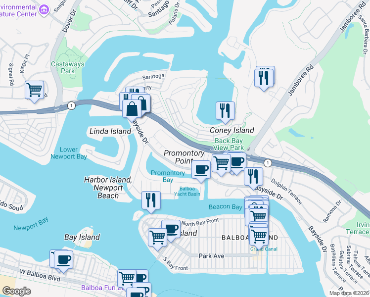 map of restaurants, bars, coffee shops, grocery stores, and more near 821 Promontory Drive West in Newport Beach