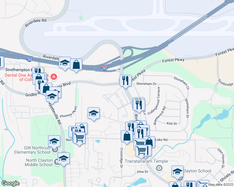map of restaurants, bars, coffee shops, grocery stores, and more near River Walk Lane in Atlanta
