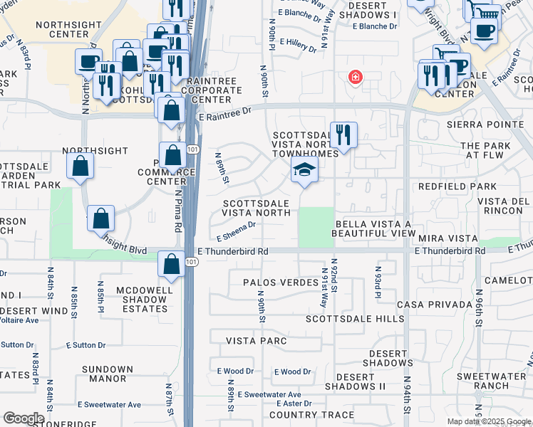 map of restaurants, bars, coffee shops, grocery stores, and more near 9019 East Friess Drive in Scottsdale