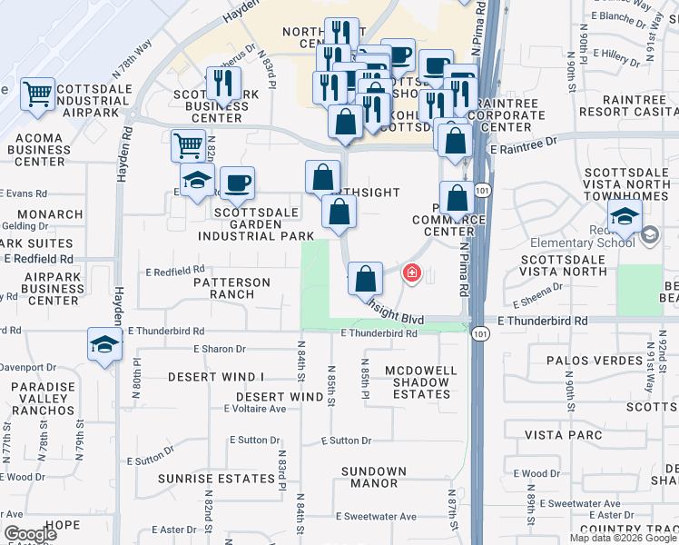 map of restaurants, bars, coffee shops, grocery stores, and more near 8400 E Thunderbird Rd in Scottsdale
