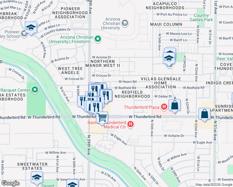 map of restaurants, bars, coffee shops, grocery stores, and more near 5711 West Redfield Road in Glendale