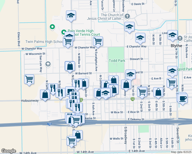 map of restaurants, bars, coffee shops, grocery stores, and more near 450 West Barnard Street in Blythe