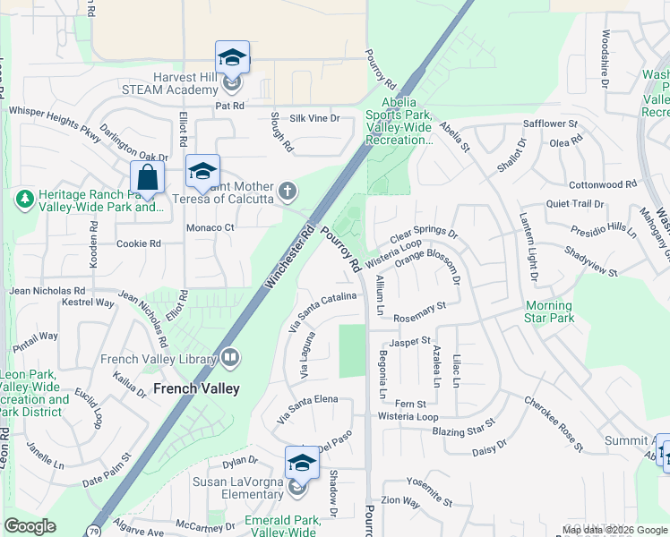map of restaurants, bars, coffee shops, grocery stores, and more near 34875 Pourroy Road in Winchester