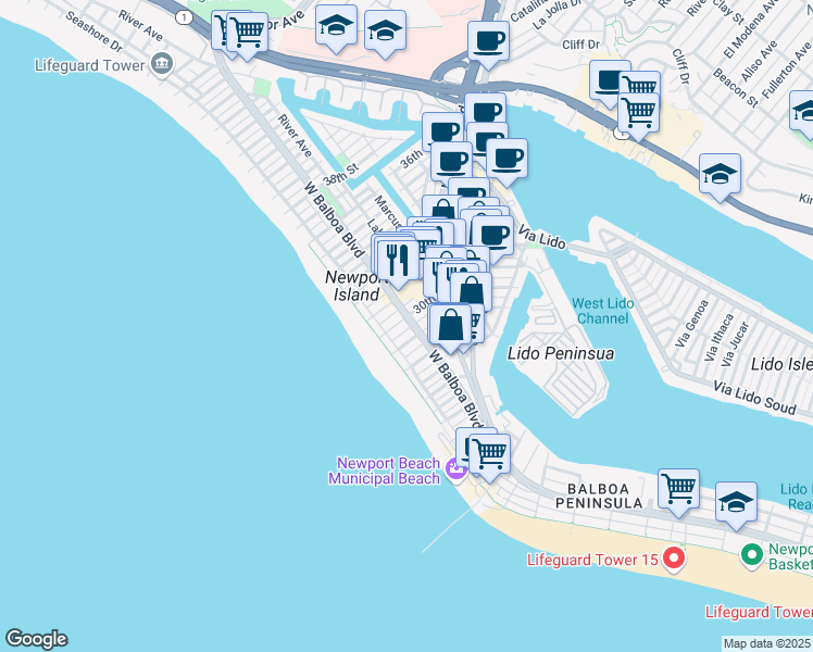 map of restaurants, bars, coffee shops, grocery stores, and more near 126 30th Street in Newport Beach