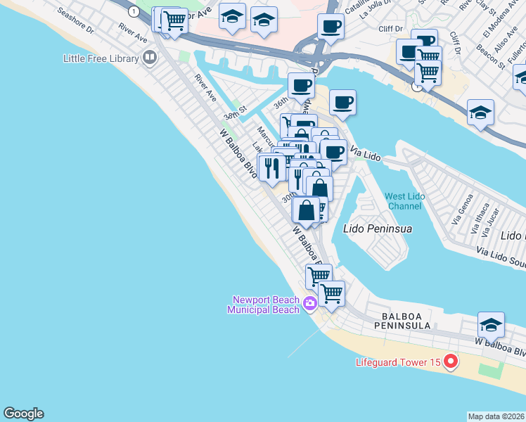 map of restaurants, bars, coffee shops, grocery stores, and more near 3012 West Oceanfront in Newport Beach