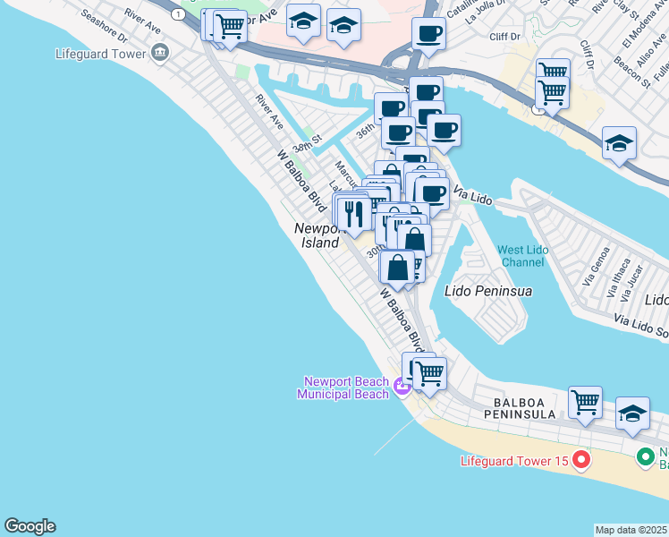 map of restaurants, bars, coffee shops, grocery stores, and more near 3012 West Oceanfront in Newport Beach