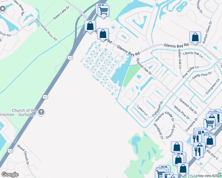 map of restaurants, bars, coffee shops, grocery stores, and more near 2150 Clearwater Drive in Surfside Beach
