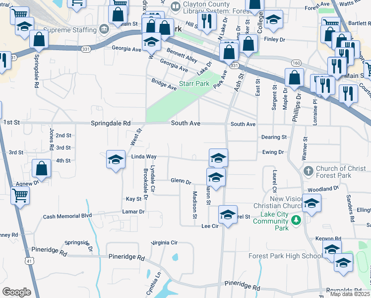 map of restaurants, bars, coffee shops, grocery stores, and more near 5168 Ellen Street in Forest Park