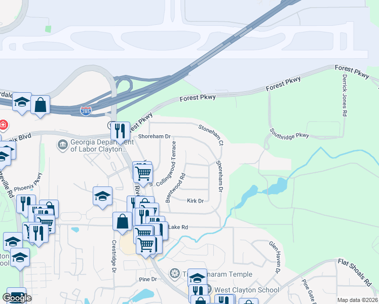 map of restaurants, bars, coffee shops, grocery stores, and more near 5210 Brentwood Road in Atlanta