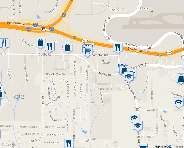 map of restaurants, bars, coffee shops, grocery stores, and more near 5179 Hanover Street in Atlanta