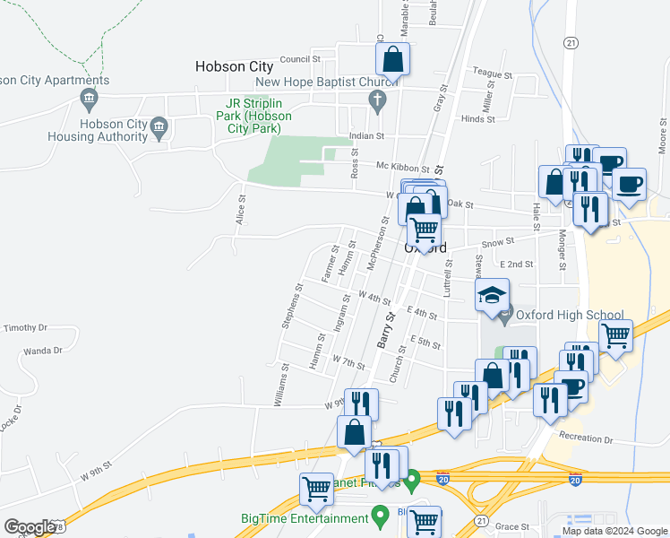 map of restaurants, bars, coffee shops, grocery stores, and more near 801 Cynthia Street in Oxford