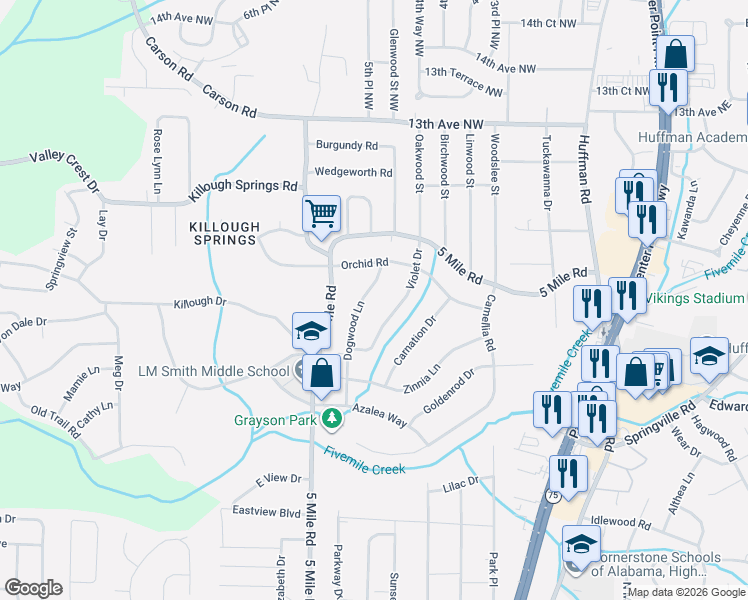 map of restaurants, bars, coffee shops, grocery stores, and more near 1144 Violet Drive in Birmingham