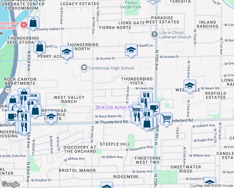 map of restaurants, bars, coffee shops, grocery stores, and more near 7748 West Redfield Road in Peoria