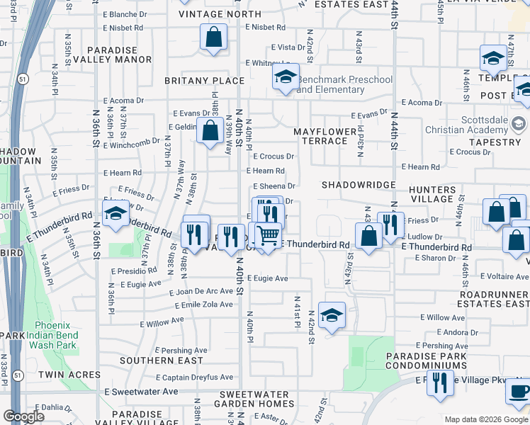 map of restaurants, bars, coffee shops, grocery stores, and more near 4032 East Ludlow Drive in Phoenix