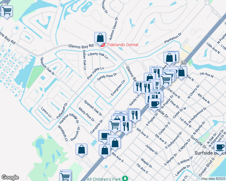 map of restaurants, bars, coffee shops, grocery stores, and more near 20 Evergreen Circle in Surfside Beach