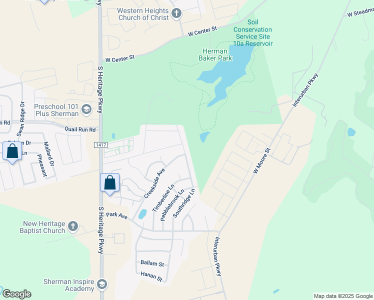 map of restaurants, bars, coffee shops, grocery stores, and more near 1417 Southridge Lane in Sherman