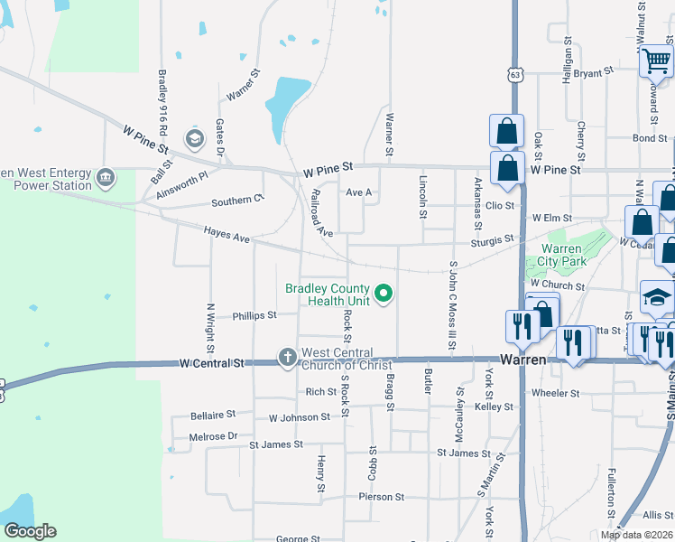 map of restaurants, bars, coffee shops, grocery stores, and more near 1106 West Church Street in Warren