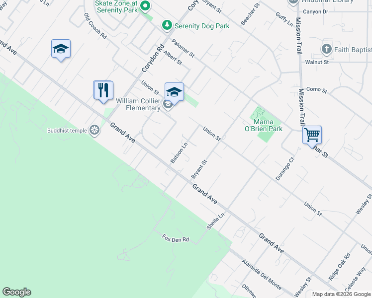 map of restaurants, bars, coffee shops, grocery stores, and more near 32900 Batson Lane in Wildomar