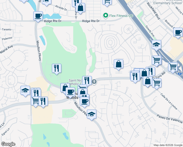 map of restaurants, bars, coffee shops, grocery stores, and more near 2385 Via Mariposa West in Laguna Woods