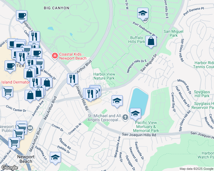 map of restaurants, bars, coffee shops, grocery stores, and more near 4 Summer House Lane in Newport Beach