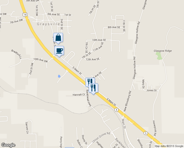 map of restaurants, bars, coffee shops, grocery stores, and more near 1490 1st St SE in Graysville