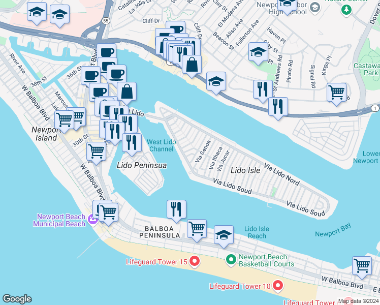 map of restaurants, bars, coffee shops, grocery stores, and more near 112 Via Florence in Newport Beach