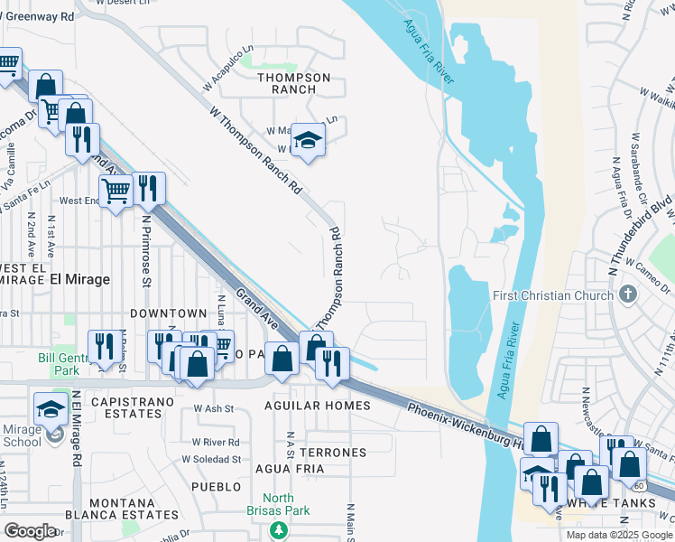 map of restaurants, bars, coffee shops, grocery stores, and more near 11880 West Thompson Ranch Road in El Mirage