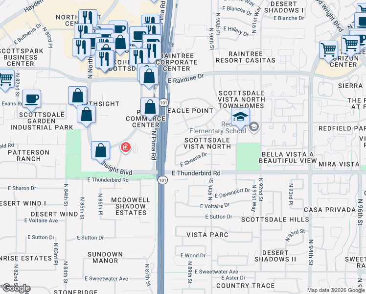 map of restaurants, bars, coffee shops, grocery stores, and more near 8849 East Gray Road in Scottsdale