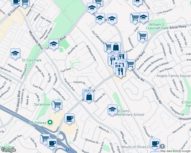 map of restaurants, bars, coffee shops, grocery stores, and more near 25581 Adriana Street in Mission Viejo