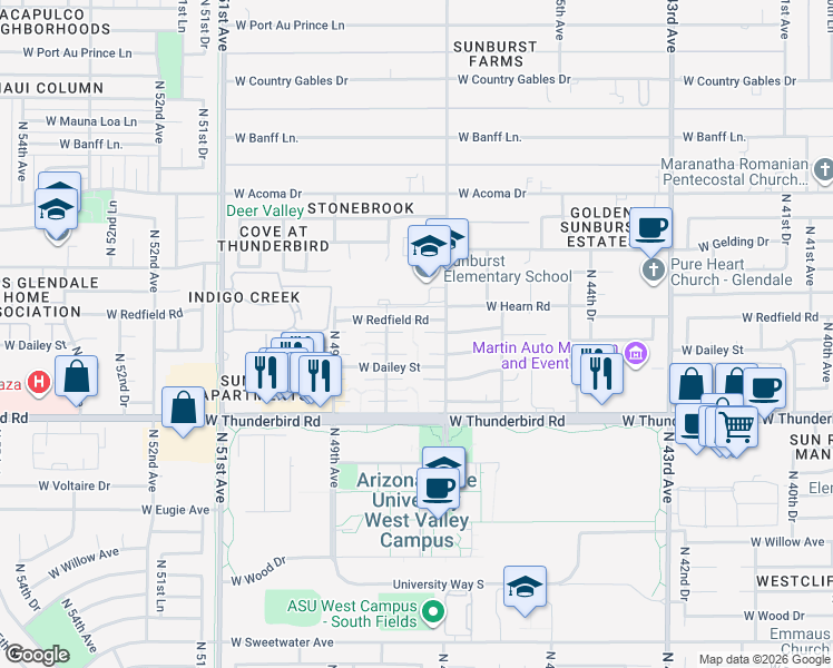 map of restaurants, bars, coffee shops, grocery stores, and more near 14050 North 47th Avenue in Glendale