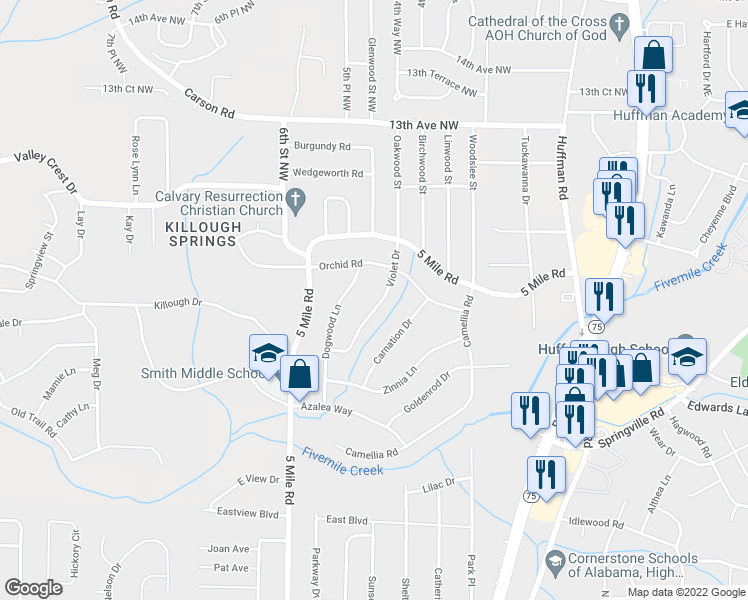 map of restaurants, bars, coffee shops, grocery stores, and more near 1148 Violet Drive in Birmingham