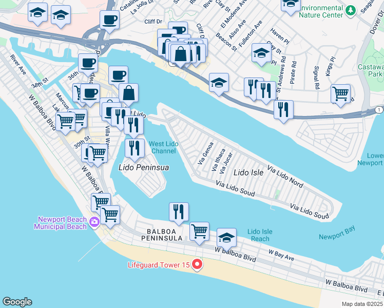 map of restaurants, bars, coffee shops, grocery stores, and more near 112 Via Florence in Newport Beach