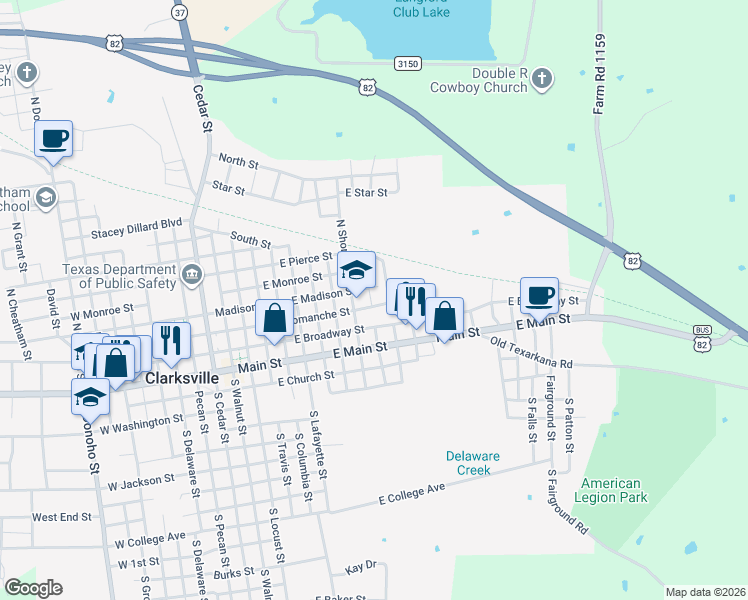 map of restaurants, bars, coffee shops, grocery stores, and more near 801 East Comanche Street in Clarksville