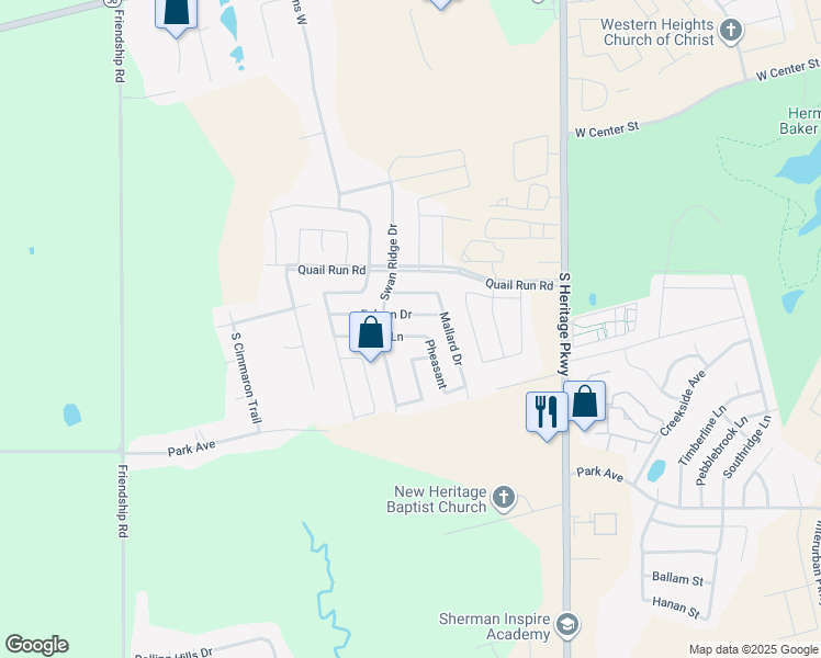 map of restaurants, bars, coffee shops, grocery stores, and more near 4321 Hawk Ln in Sherman