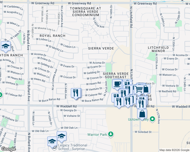 map of restaurants, bars, coffee shops, grocery stores, and more near 14158 West Crocus Drive in Surprise