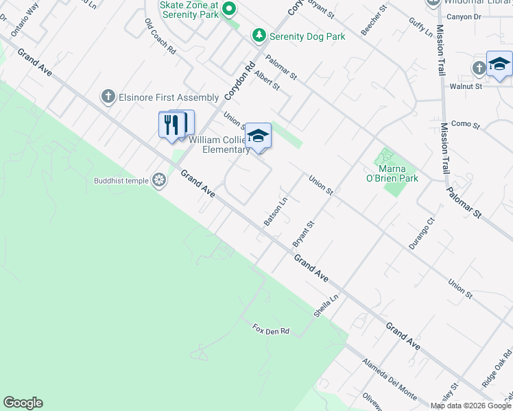 map of restaurants, bars, coffee shops, grocery stores, and more near 20220 Union Street in Wildomar