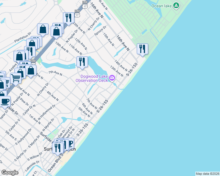 map of restaurants, bars, coffee shops, grocery stores, and more near 1015 Dogwood Drive North in Surfside Beach