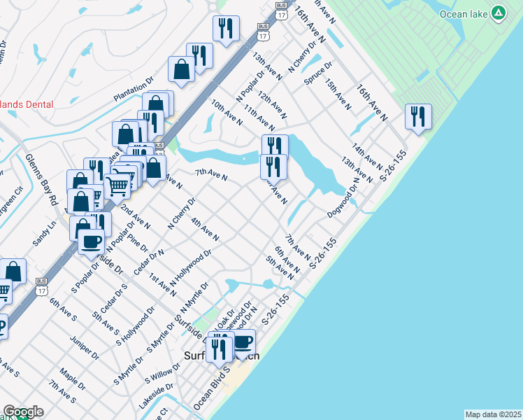 map of restaurants, bars, coffee shops, grocery stores, and more near 521 7th Avenue North in Surfside Beach