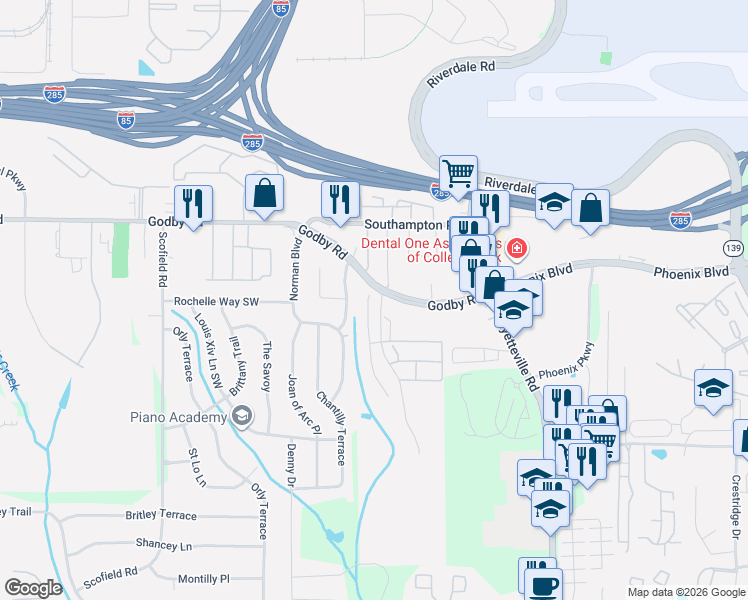 map of restaurants, bars, coffee shops, grocery stores, and more near 5179 Hanover Street in Atlanta