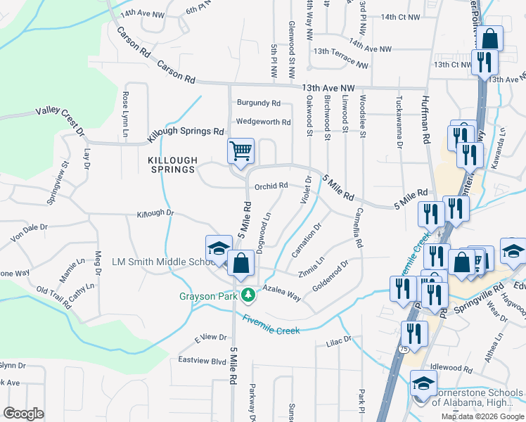 map of restaurants, bars, coffee shops, grocery stores, and more near 1172 Dogwood Lane in Birmingham