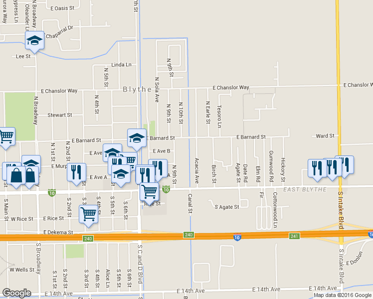 map of restaurants, bars, coffee shops, grocery stores, and more near 268 North 9th Street in Blythe
