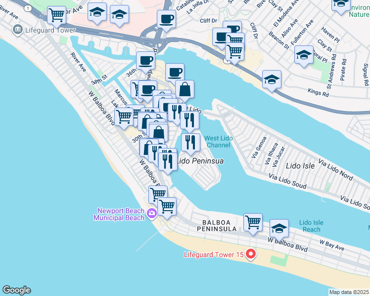 map of restaurants, bars, coffee shops, grocery stores, and more near 700 Lido Park Drive in Newport Beach