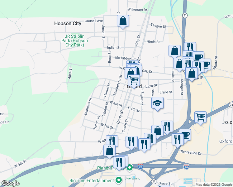 map of restaurants, bars, coffee shops, grocery stores, and more near 725 McPherson Street in Oxford