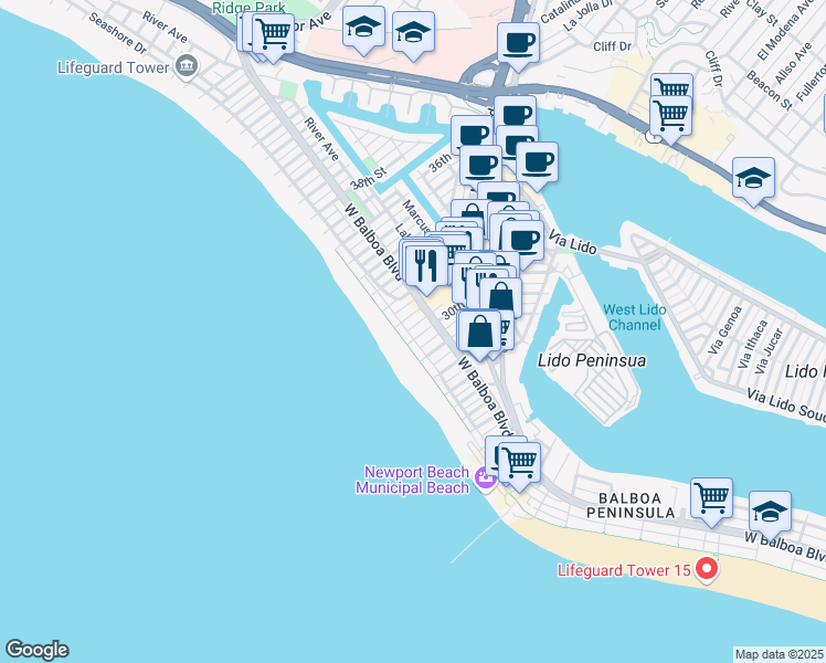 map of restaurants, bars, coffee shops, grocery stores, and more near 109 30th Street in Newport Beach