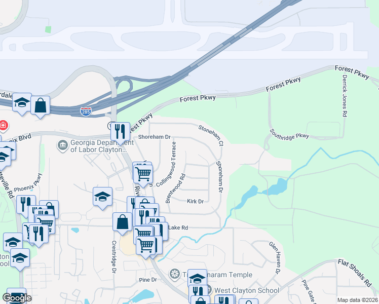 map of restaurants, bars, coffee shops, grocery stores, and more near 5210 Brentwood Road in Atlanta