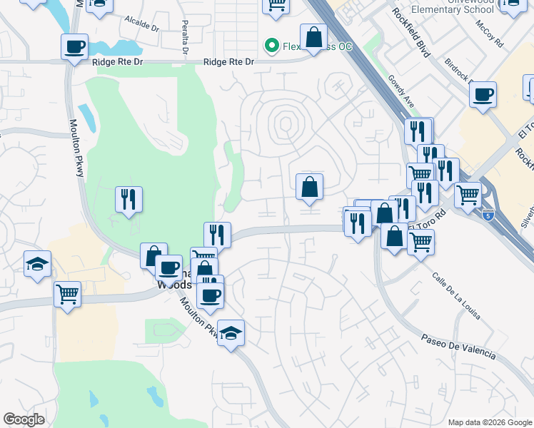 map of restaurants, bars, coffee shops, grocery stores, and more near 2210 Via Mariposa West in Laguna Woods