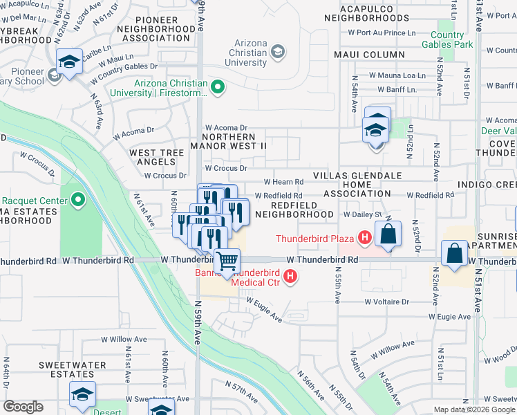 map of restaurants, bars, coffee shops, grocery stores, and more near 5711 West Redfield Road in Glendale